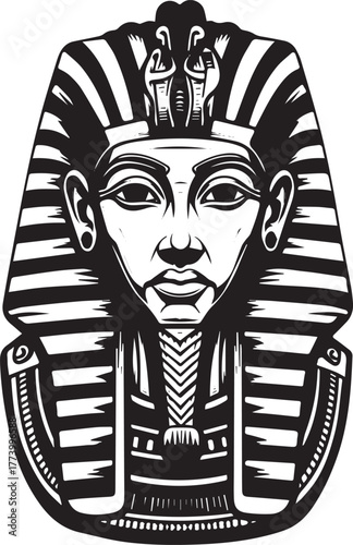 Monochrome depiction of an ancient Egyptian pharaoh with elabora