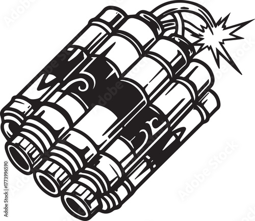 Monochromatic illustration of explosive dynamite with lit fuse a