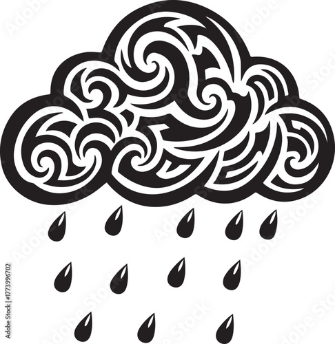 Stylized rainfall illustration with swirling tribal ornamentatio
