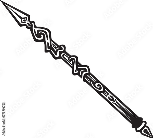 Mystical ceremonial wand with intricate tribal patterns and shar