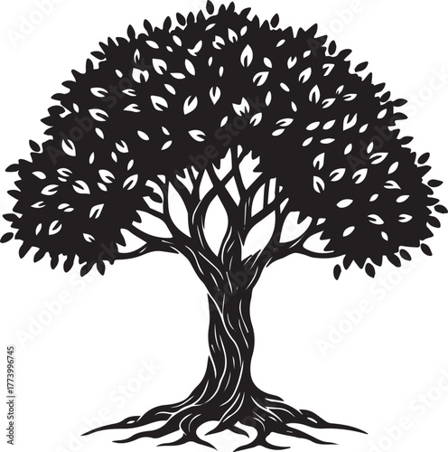 Stylized silhouette illustration of a tree with detailed leaves