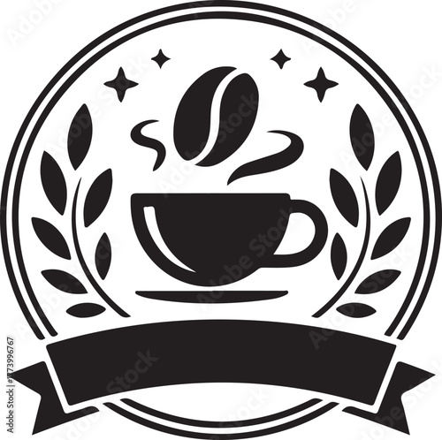 Emblematic coffee cup with bean and laurel wreath illustration