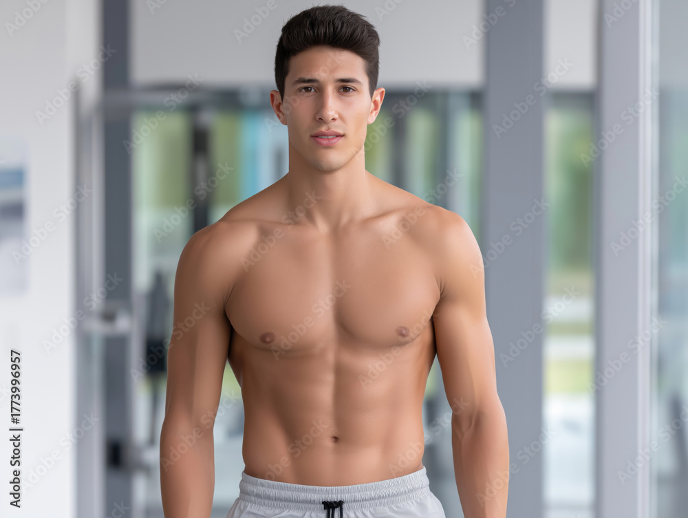 Fototapeta premium Athletic young man with toned physique stands confidently in modern gym environment, showcasing fitness lifestyle and dedication to health and wellness