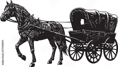 Monochrome depiction of a horse-drawn covered wagon evocative of