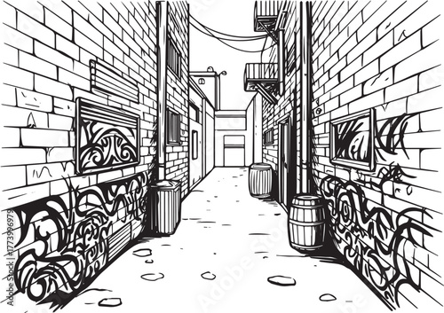 Urban Landscape: A Detailed Depiction of a Back Alley with Triba