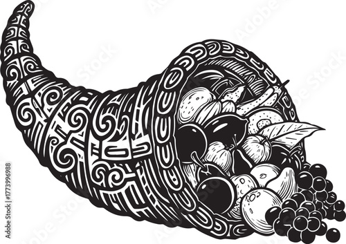 Engraved Cornucopia Illustration Symbolizing Abundance with Intr
