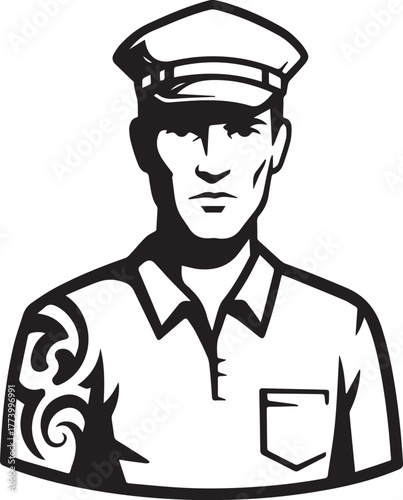 Monochrome vector portrait of a confident driver with tribal tat