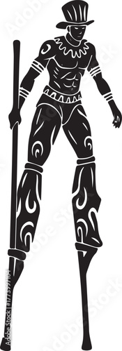 Monochrome tribal art illustration of a tall stilt walker with a