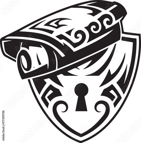 Ornate Security Camera Shield Emblem in Tribal Tattoo Style Illu