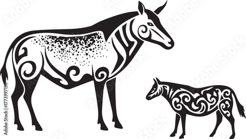 Stylized African Animal Mother and Child Silhouette with Tribal