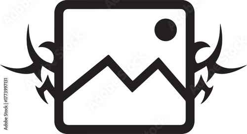 Stylized photo icon with tribal accents and landscape imagery wi