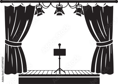 Empty stage illustration with curtains, lighting, and music stan