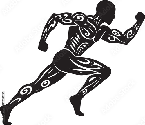 Dynamic athletic figure stylized with tribal tattoos in a racing