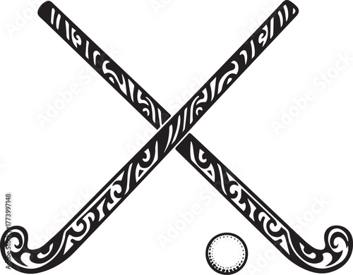Stylized crossed field hockey sticks design with tribal pattern