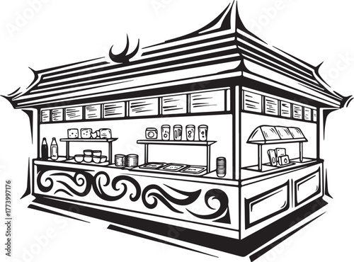 Stylized monochrome illustration of food stall with oriental des