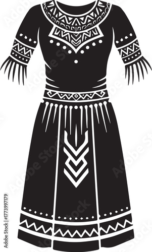 Elegant Ethnic Dress Illustration with Tribal Pattern Detailing