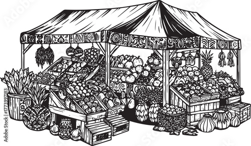 Hand-drawn farmers market stall brimming with fresh produce illu