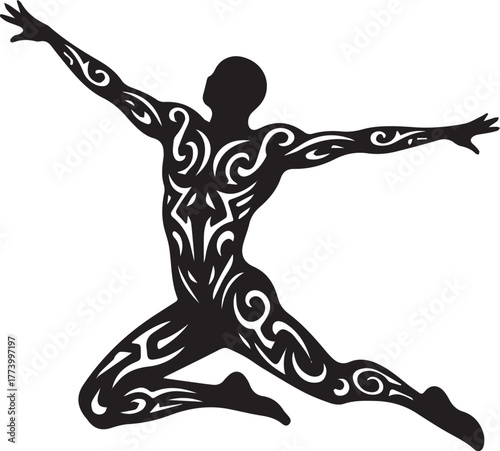 Abstract tribal tattoo art of a person jumping silhouette, graph