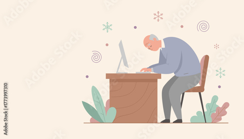 Senior man working hard at a desktop computer illustrating stress illness or fatigue