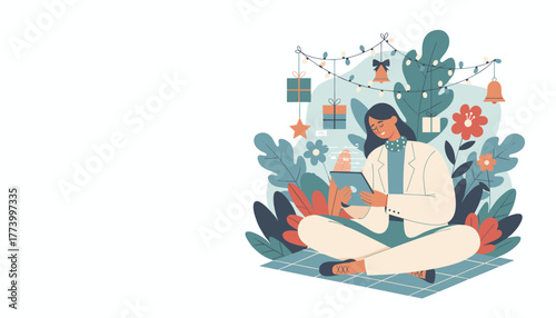 Professional woman using tablet amidst holiday plants and decorations Remote work concept