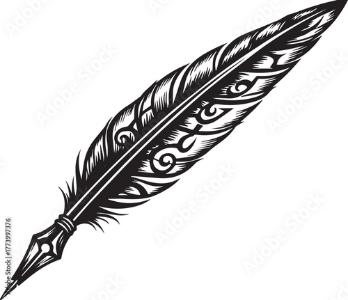 Ornate quill pen illustration with tribal style scrollwork detai
