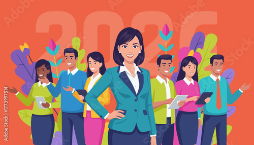 Successful diverse business team and confident leader standing against a colorful 2026 background