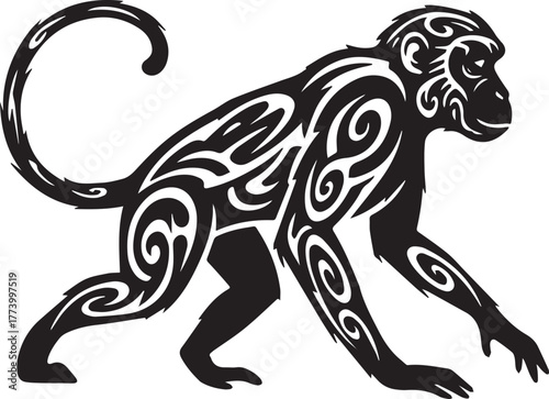 Stylized monkey silhouette with tribal tattoo art influence grap