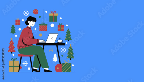 Woman working on laptop amidst Christmas decor Holiday season work shopping or planning