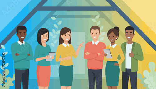 Diverse team of smiling professionals collaborating in a modern office Teamwork success and business concept