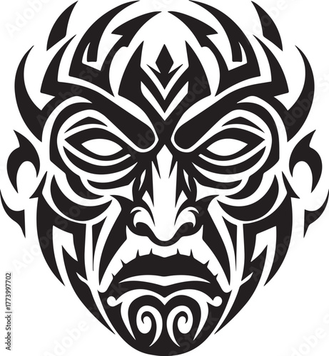Monochrome tribal mask design evoking ferocity and cultural symb
