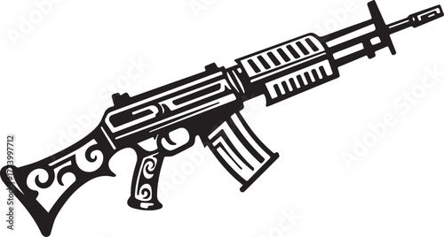 Stylized assault rifle icon with tribal tattoo influences, black