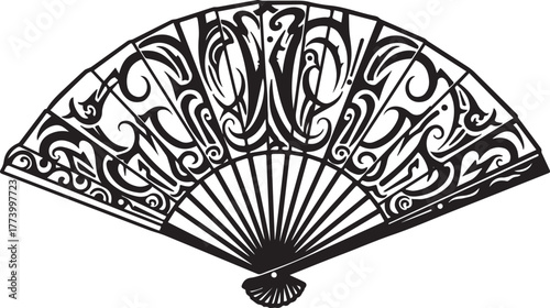 Ornate Folding Fan Illustration with Intricate Filigree Details