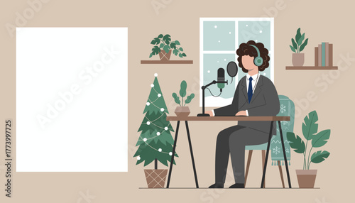 Professional podcaster records in a cozy winter studio with a Christmas tree Blank space for text