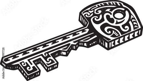 Ornate key illustration with tribal pattern engraving security s