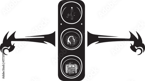 Stylized traffic light illustration with tribal adornments and a