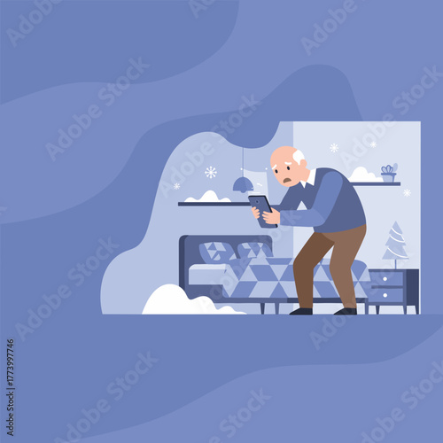 Worried senior man squinting at smartphone screen in bedroom Digital confusion