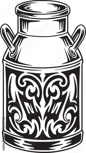 Intricate tribal tattoo art adorns a vintage milk can design ill