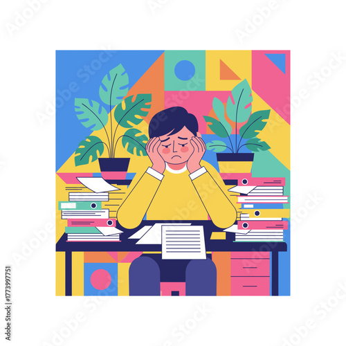 Stressed worker overwhelmed by huge stacks of paperwork and binders at a busy office desk