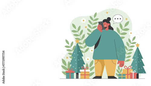 Happy woman calls on phone surrounded by Christmas gifts and trees Festive communication