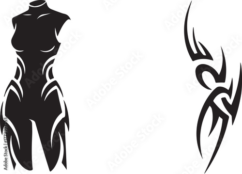Stylized Human Figure Outline with Tribal Tattoo Style Ornamenta