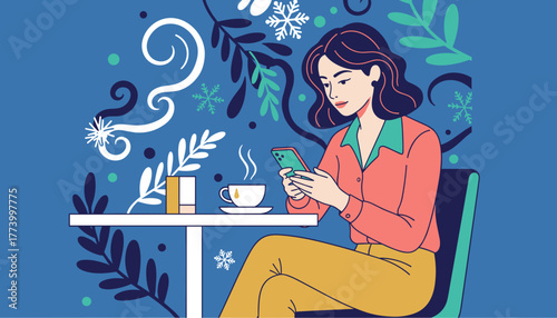 Woman relaxing in a cozy winter setting scrolling on her phone with a hot drink