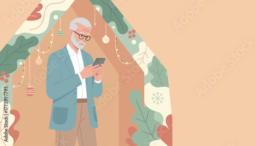 Senior gentleman texting on phone in a cozy winter illustration