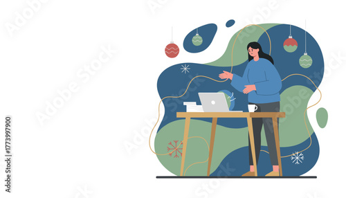 Remote work stress during holidays Woman having trouble with computer deadlines