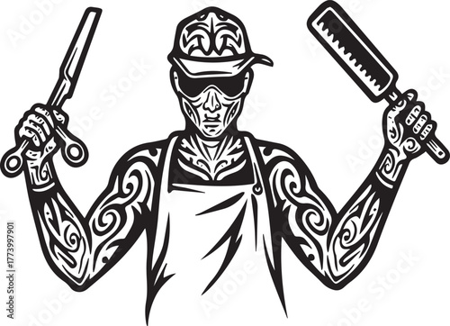 Engraved Taxidermist Art: Tattooed Figure with Butchering Tools