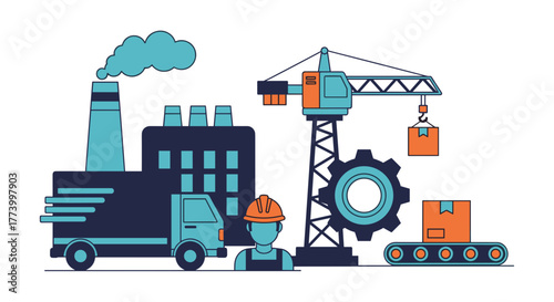Industry workflow illustration factory worker crane truck and logistics for production and delivery