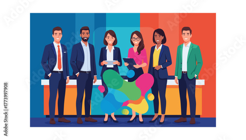 Diverse business team vector illustration standing together symbolizing success unity and innovation
