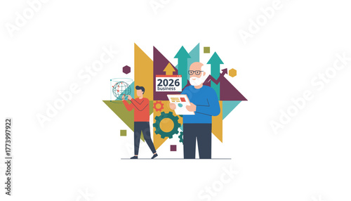 Intergenerational team planning 2026 global business strategy growth and future success