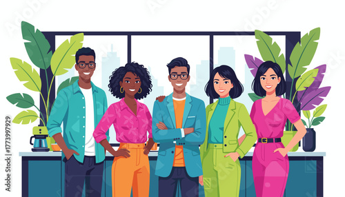 Smiling diverse business team standing in a modern office Teamwork collaboration and success