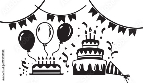 Festive Birthday Celebration with Cakes, Balloons, and Party Dec