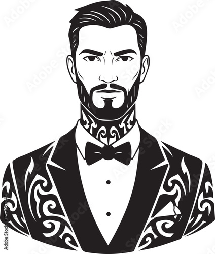 Stylized groom illustration with tribal tattoo designs on suit a
